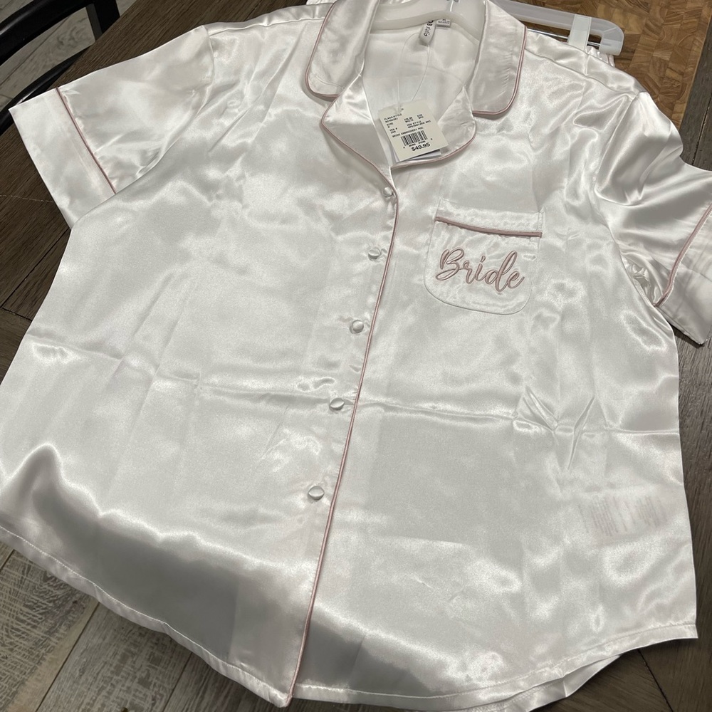 Bride white embroidered silk pajama set